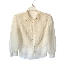 Vintage An Original Debcraft Sheer Cream Nylon Embroidered Pearl Button Blouse